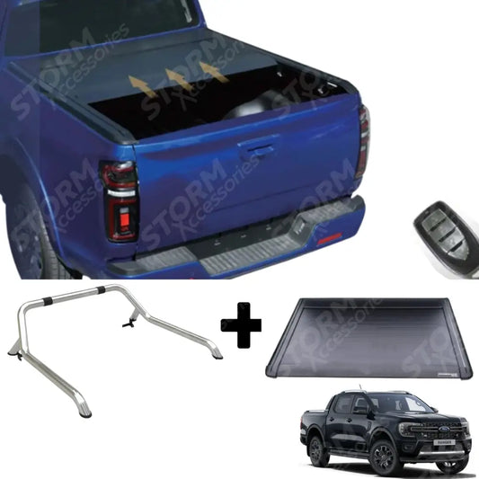 Double Cab Standard Auto Ridgeback Roll Top Cover & Ridgeback Roll Bar In Stainless Steel For Ford Ranger T9 2023 On