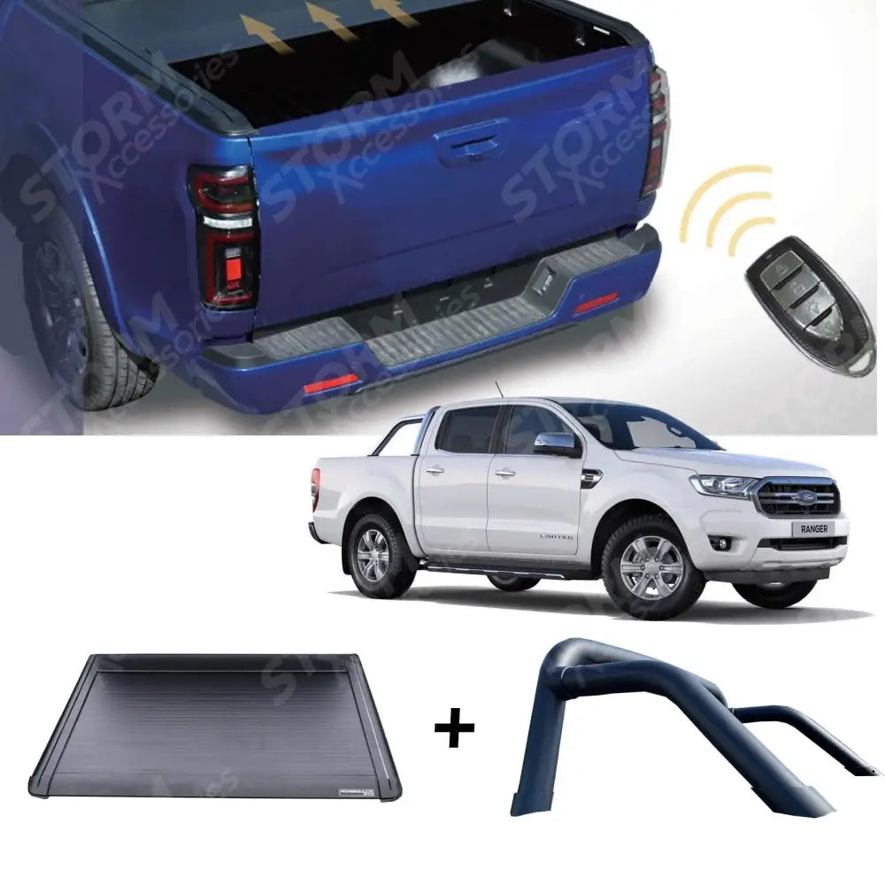 Ford Ranger 2012-2023 Standard Auto Electric Roll Top Cover & Black Roll Bar Package