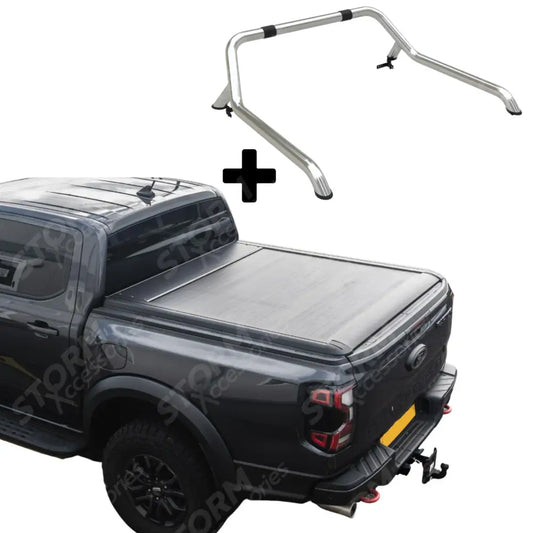 Ford Ranger T9 2023 On Double Cab Standard Auto Ridgeback Roll Top Cover & Ridgeback Roll Bar In Stainless Steel