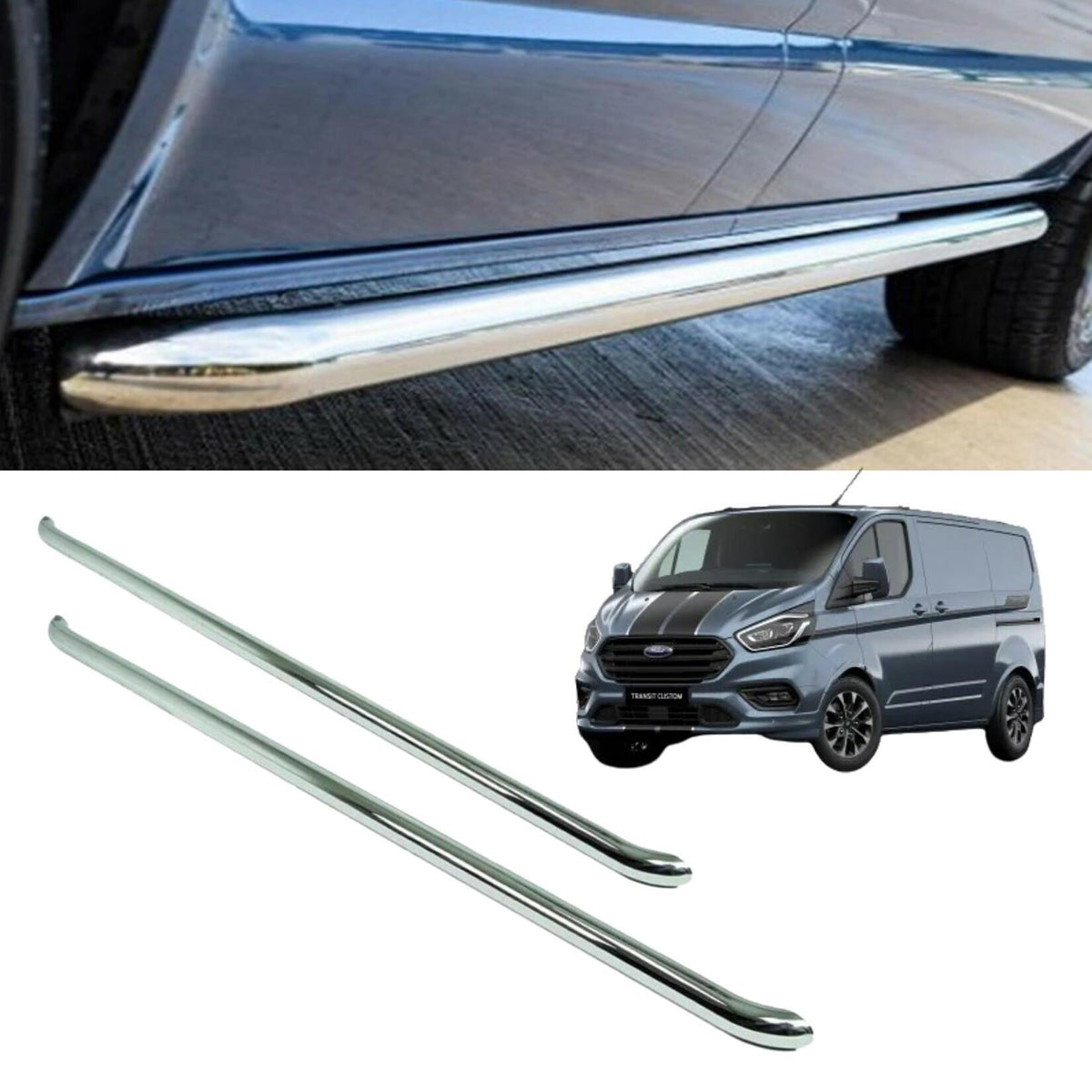 FORD TRANSIT CUSTOM SWB 2018-2023 2.4 INCH STAINLESS STEEL OE STYLE SPORTLINE SIDE BARS – PAIR - Storm Xccessories2