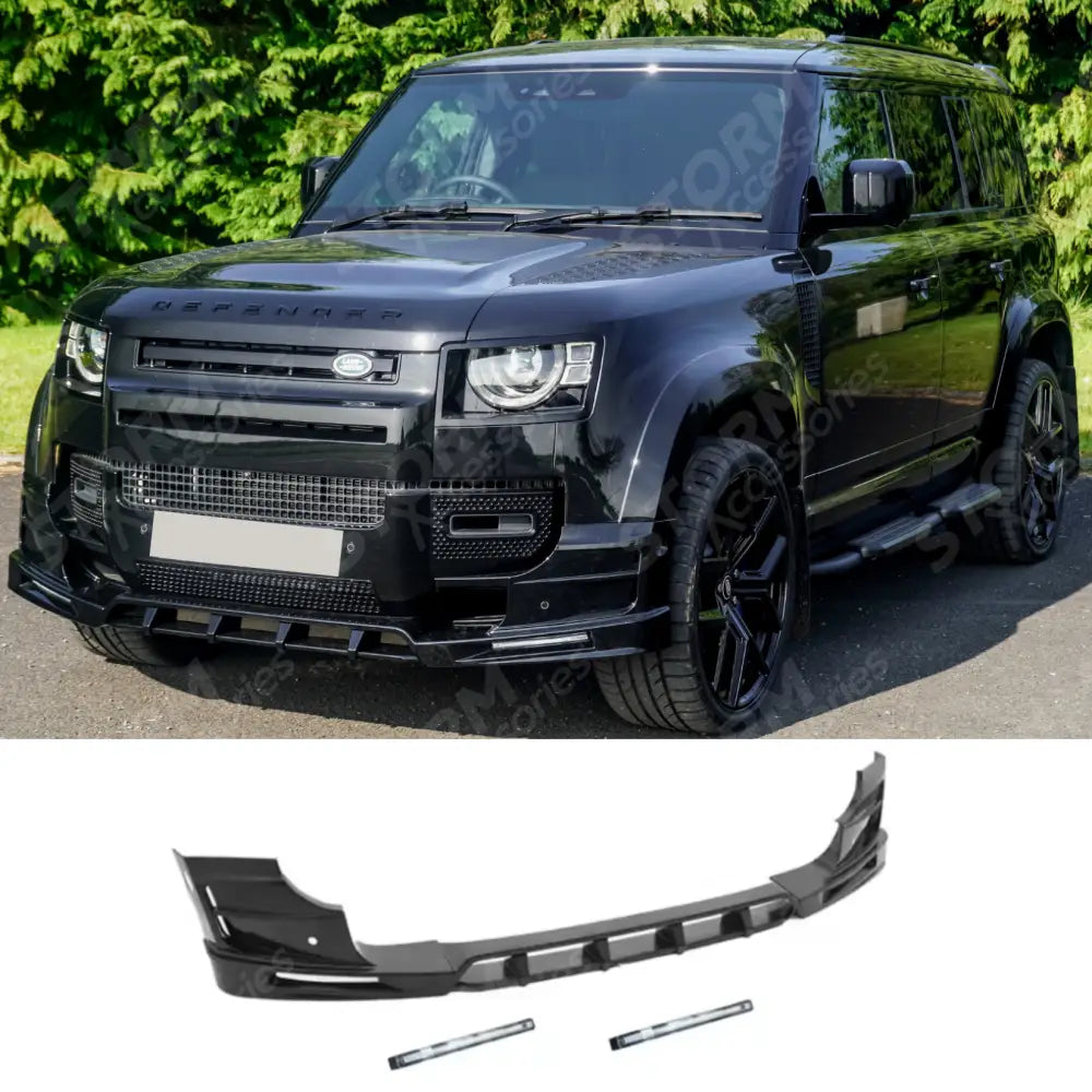 Land Rover Defender L663 2020 On - V2 Front Bumper Splitter With Led's In Gloss Black