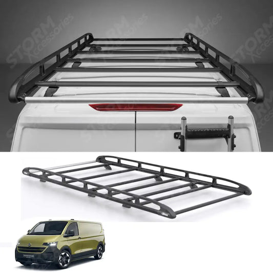 Rhino KammRack Black Aluminium Van Roof Rack For Volkswagen Transporter T7 2024 On SWB Low Roof (L1H1) Tailgate Rear Door