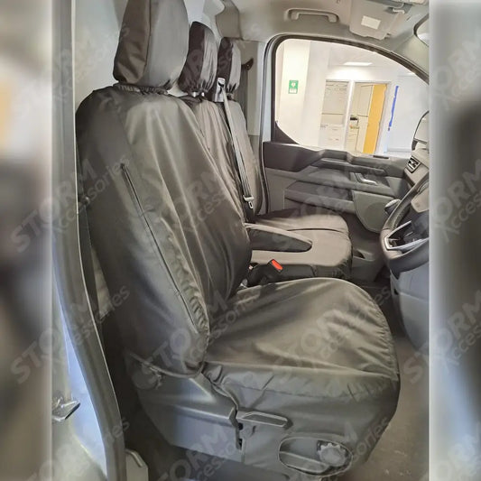 Tailored Front Seat Covers In Black For Ford Transit Custom MK2 2024+ Drivers & Double Passenger WITHOUT Worktray