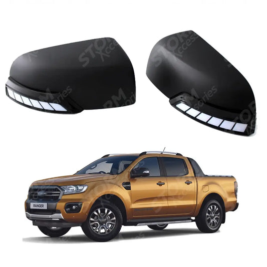 Wing Mirror Covers Caps With Indicator Leds Black Pair For Ford Ranger 2012-2022