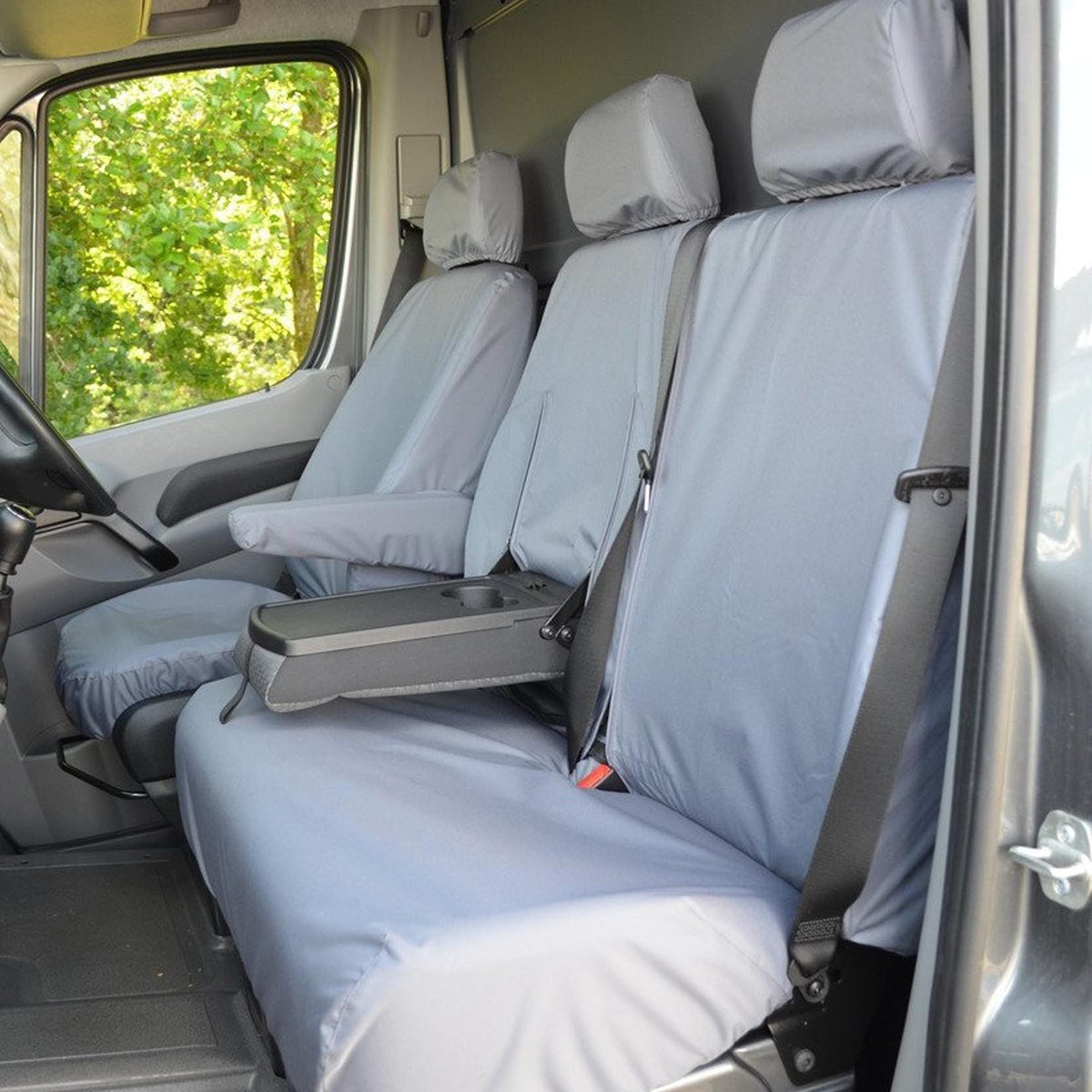 MERCEDES SPRINTER 2006-2009 DRIVER AND DOUBLE PASSENGER FRONT SEAT COVERS (WITH WORKTRAY) - GREY - Storm Xccessories2
