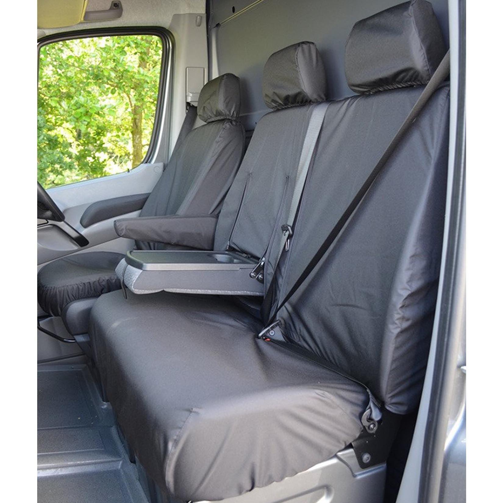 MERCEDES SPRINTER 2006-2009 DRIVER AND FRONT DOUBLE PASSENGER SEAT COVERS (WITH WORKTRAY) - BLACK - Storm Xccessories2