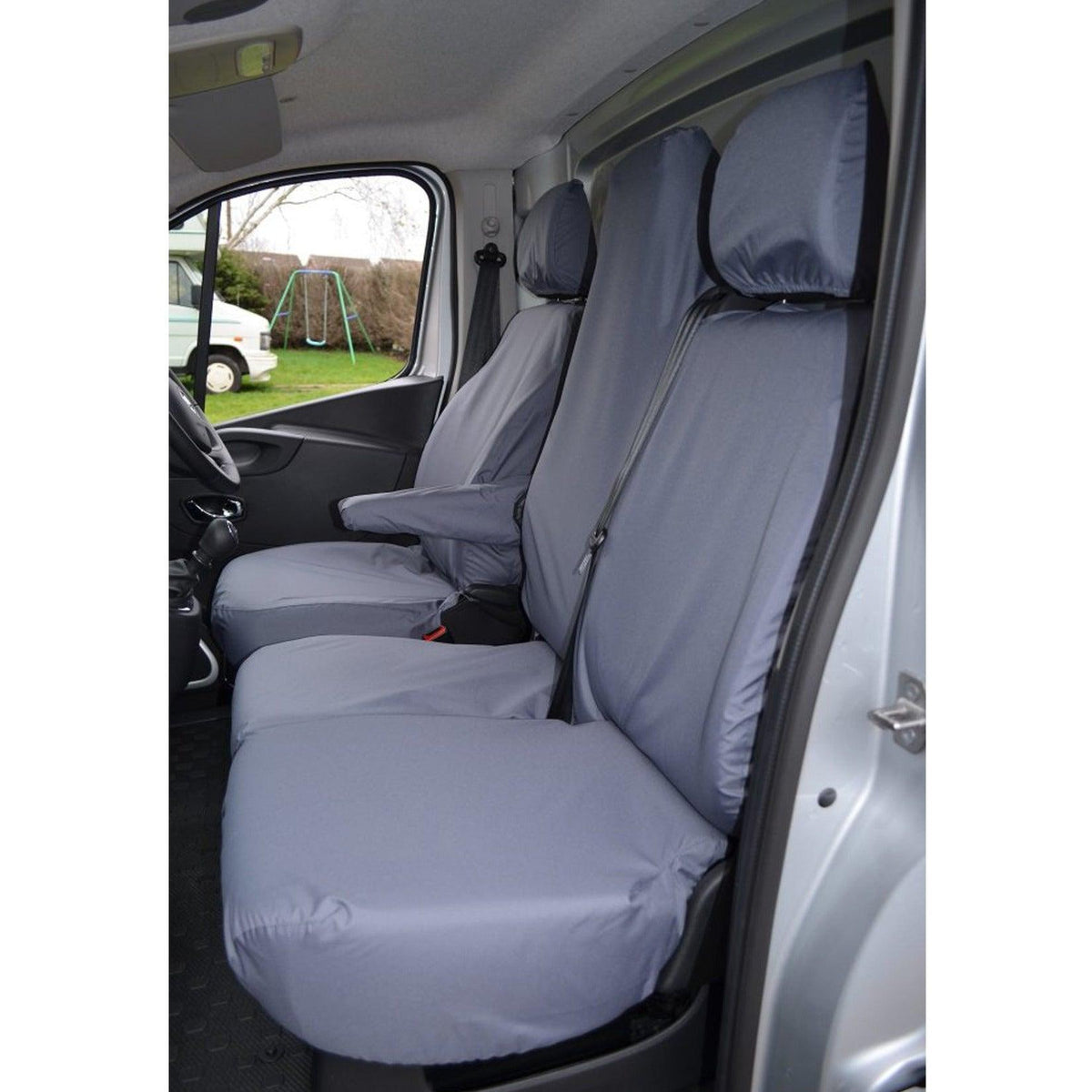 RENAULT TRAFIC 2014 ON - VAUXHALL VIVARO 2014-2019 FRONT DRIVER AND DOUBLE FOLDING PASSENGER UNDERSEAT STORAGE SEAT COVERS - GREY - Storm Xccessories2