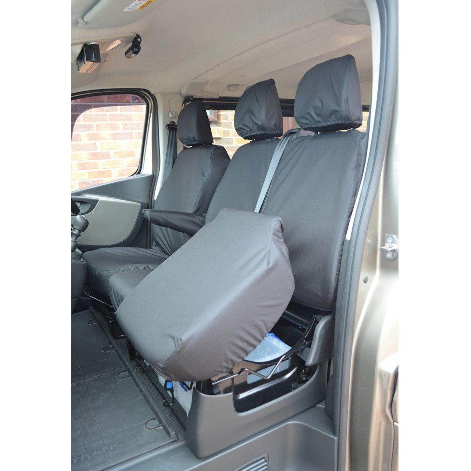 RENAULT TRAFIC 2014 ON - VAUXHALL VIVARO 2014-2019 FRONT DRIVER AND DOUBLE PASSENGER WITH UNDERSEAT STORAGE SEAT COVERS - BLACK - Storm Xccessories2