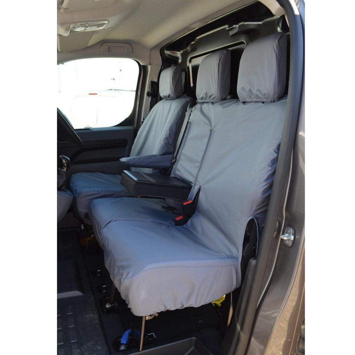 TOYOTA PROACE 2016 ON DRIVER AND FRONT DOUBLE PASSENGER SEAT COVERS WITH WORKTRAY - GREY - Storm Xccessories2