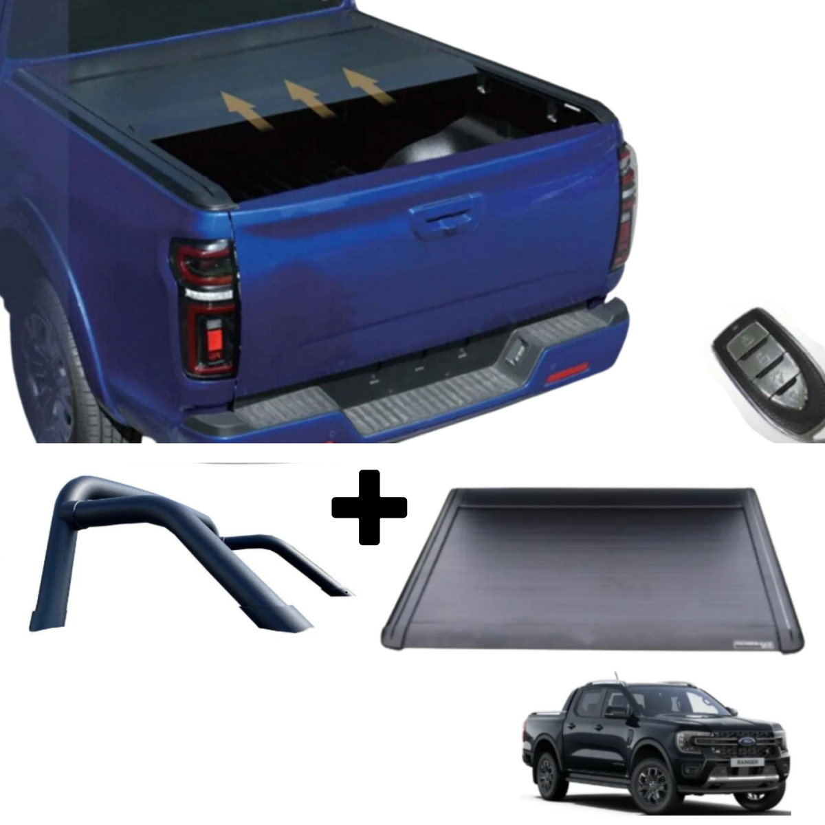 Ford Ranger T9 2023 On Double Cab Standard Auto Ridgeback Roll Top Cover & Ridgeback Roll Bar In Black