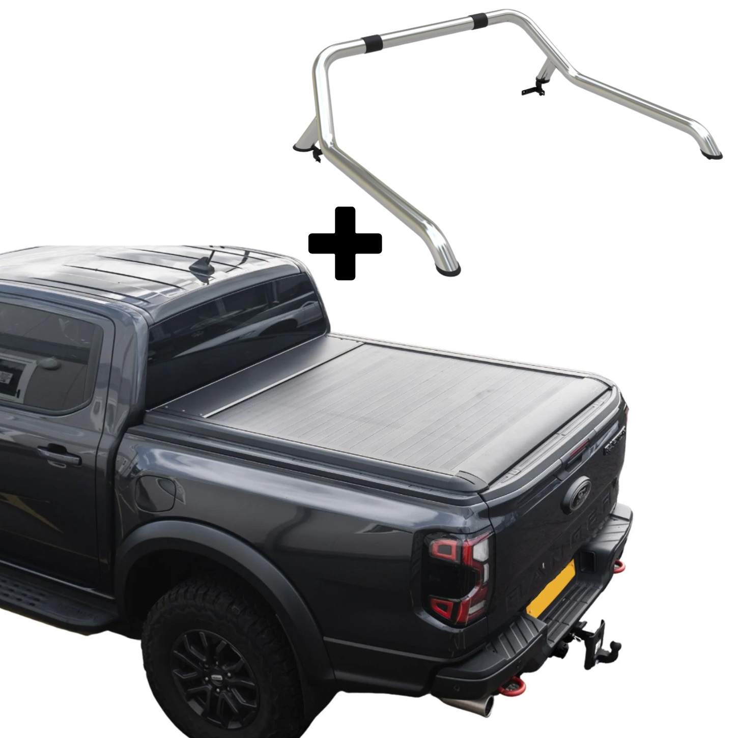 Ford Ranger T9 2023 On Double Cab Standard Auto Ridgeback Roll Top Cover & Ridgeback Roll Bar In Stainless Steel