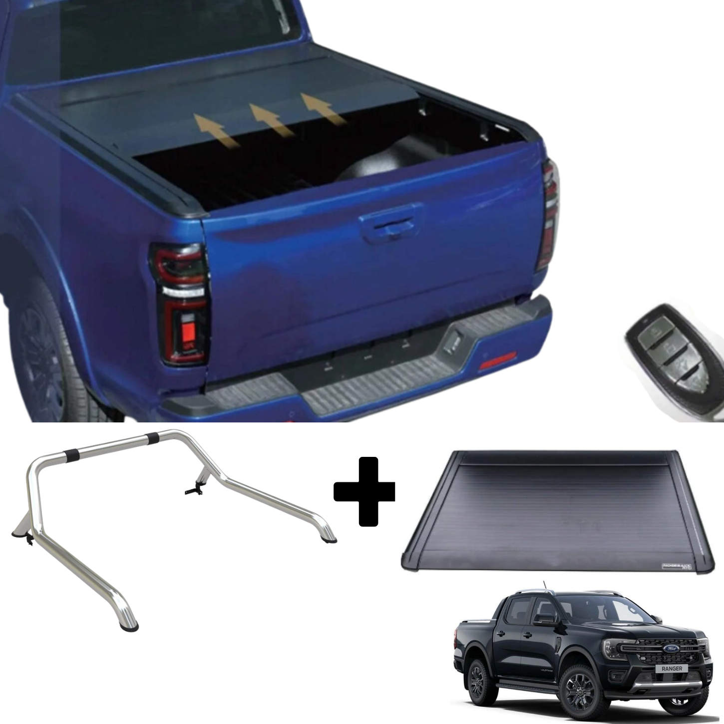 Ford Ranger T9 2023 On Double Cab Standard Auto Ridgeback Roll Top Cover & Ridgeback Roll Bar In Stainless Steel