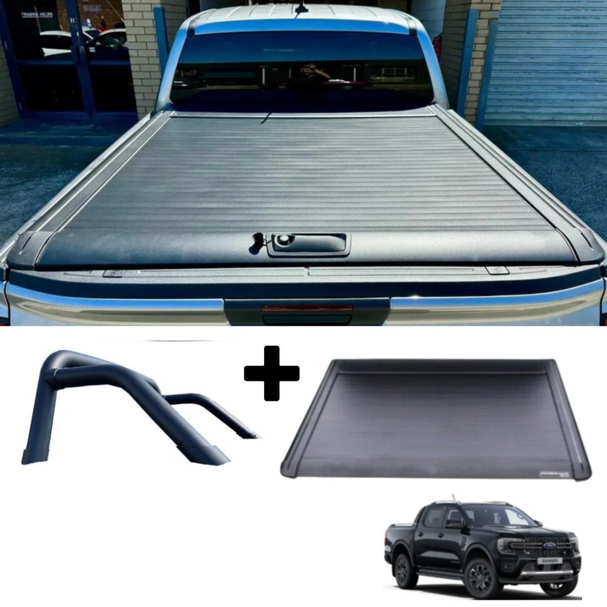 Ford Ranger T9 2023 On Double Cab Standard Ridgeback Roll Top Cover And Ridgeback Roll Bar In Black