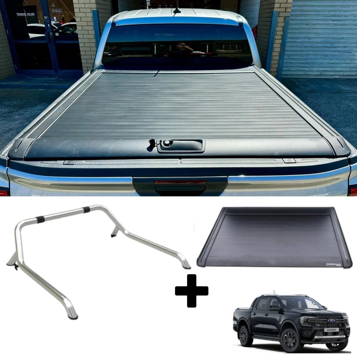 Ford Ranger T9 2023 On Double Cab Standard Ridgeback Roll Top Cover And Ridgeback Roll Bar In Stainless Steel