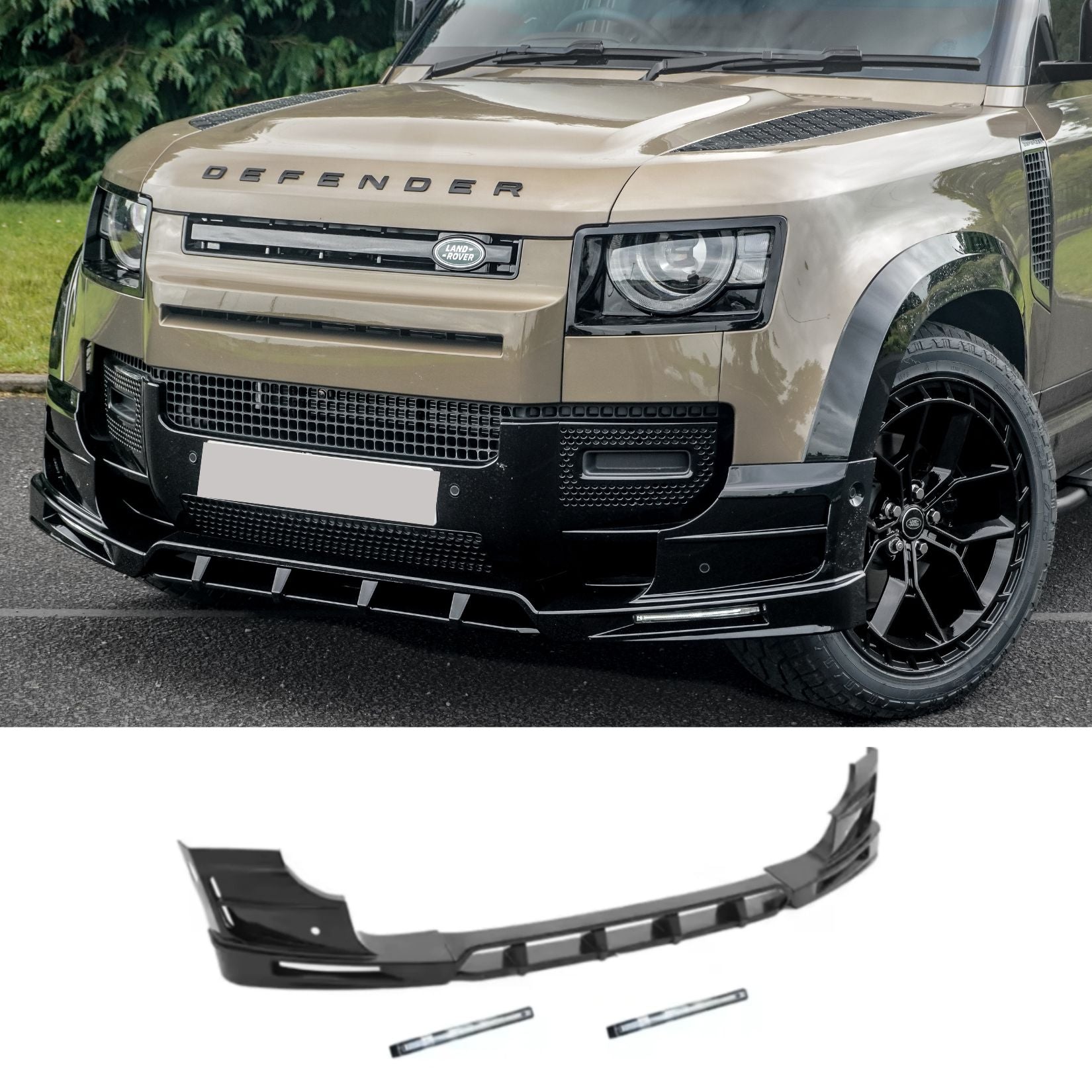 Land Rover Defender L663 2020 On - V2 Front Bumper Splitter With Led's In Gloss Black