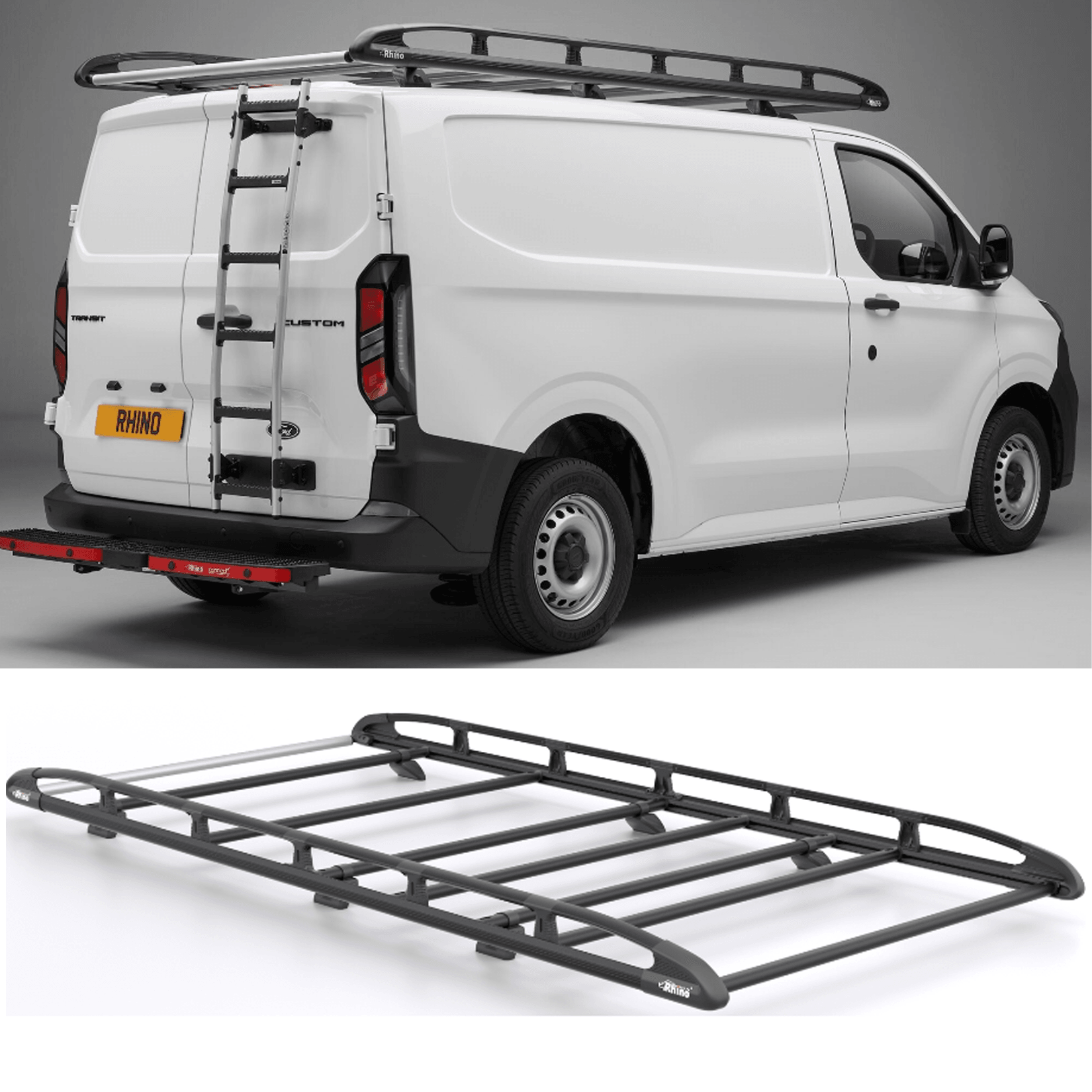 Rhino KammRack Black Aluminium Van Roof Rack - Ford Transit Custom 2023 On LWB Low Roof (L2H1) Twin Rear Doors