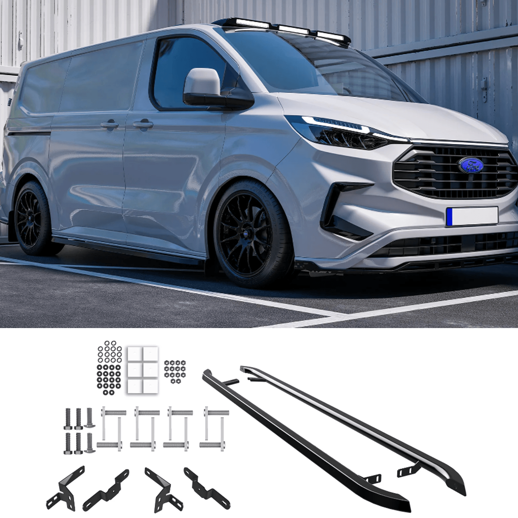 Storm Transit Custom Ford Transit Custom MK2 LWB 2024 On Trapezoid Side Bars In Gloss Black ...
