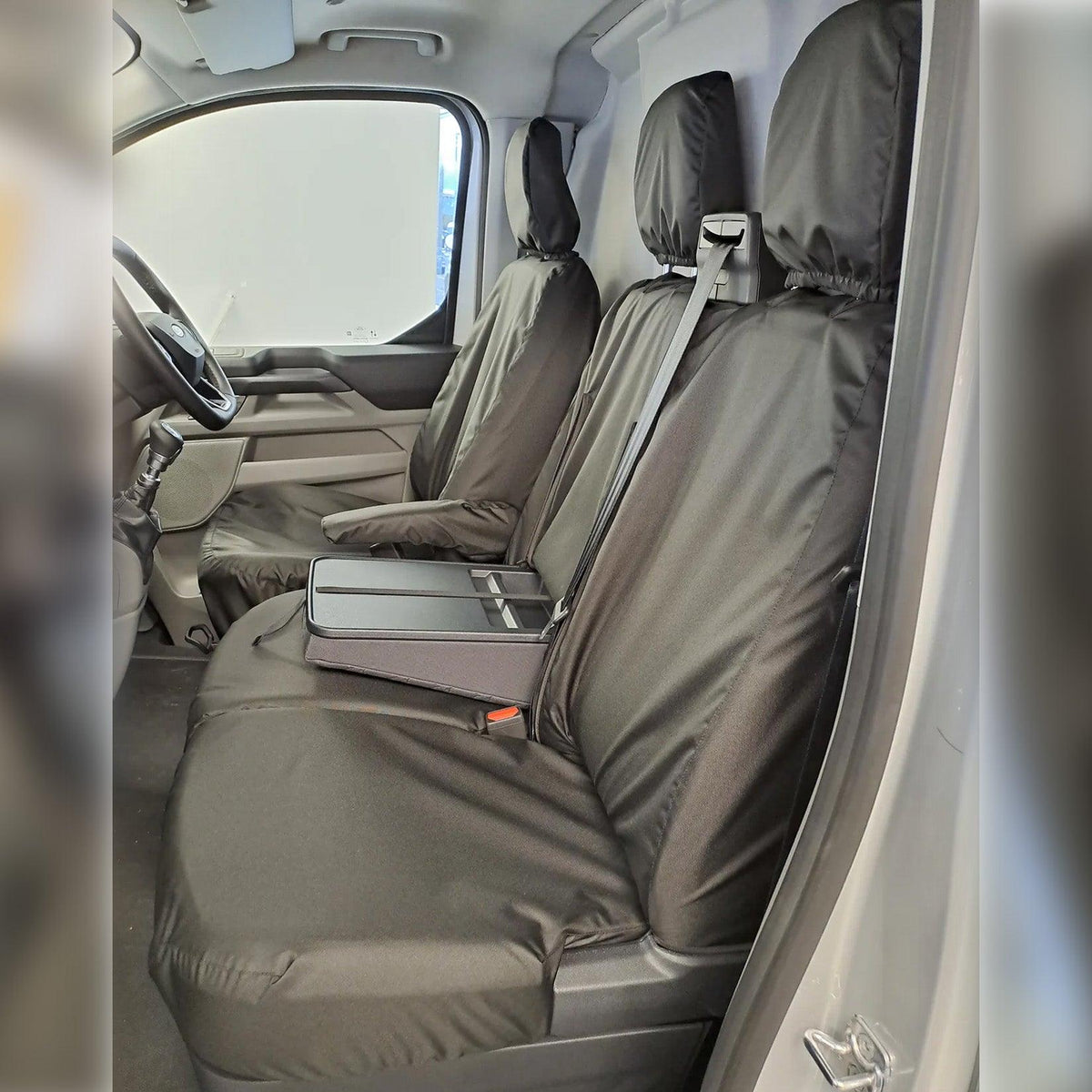 Ford Transit Custom MK2 2024+ Tailored Front Seat Covers In Black Drivers & Double Passenger WITH Worktray