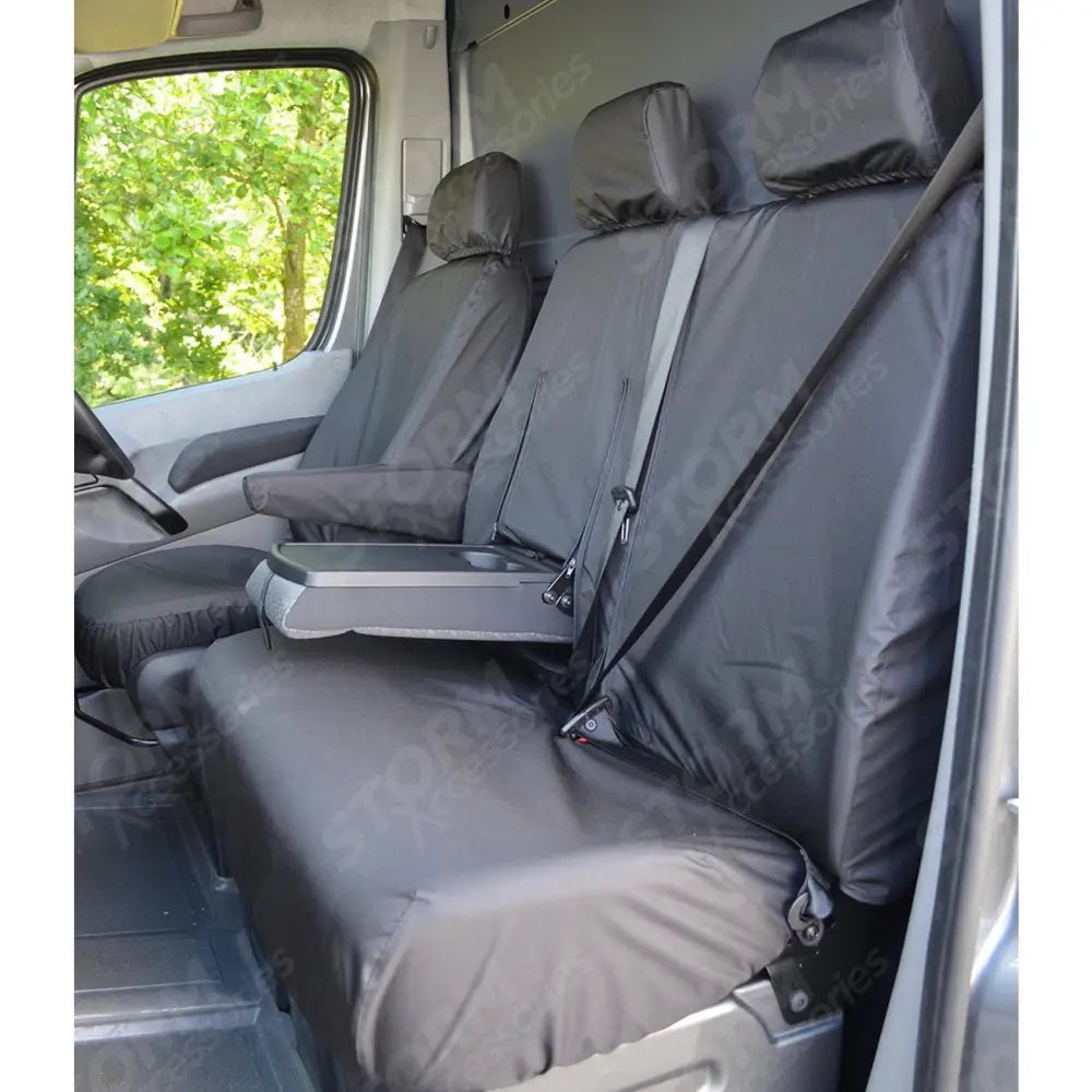 Driver And Front Double Passenger Seat Covers (With Worktray) Black For Mercedes Sprinter Van 2010-2018