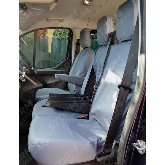 Driver And Front Double Passenger Seat Covers Work Tray Grey For Ford Transit Custom 2013 - 2024