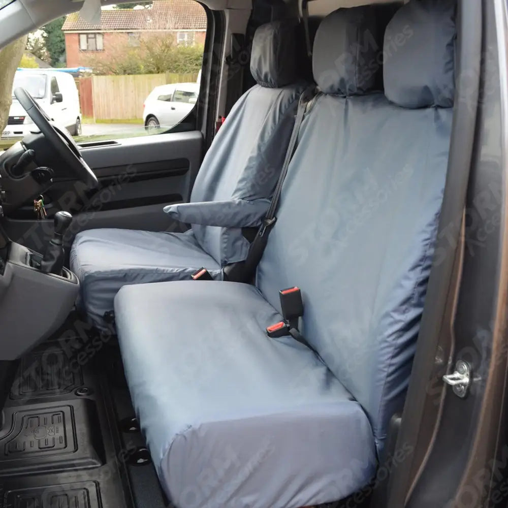 Driver's Seat And Non-folding Double Passenger (No Work Tray, Non-split Base) Seat Covers Grey For Citroen Dispatch Van 2016 On