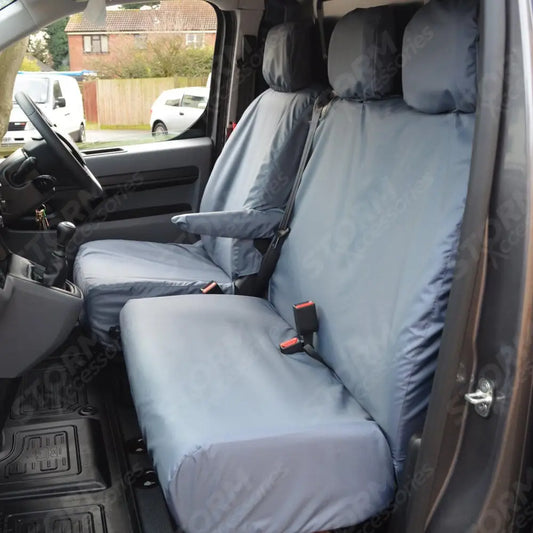 Driver's Seat And Non-folding Double Passenger (No Work Tray, Non-split Base) Seat Covers Grey For Citroen Dispatch Van 2016 On