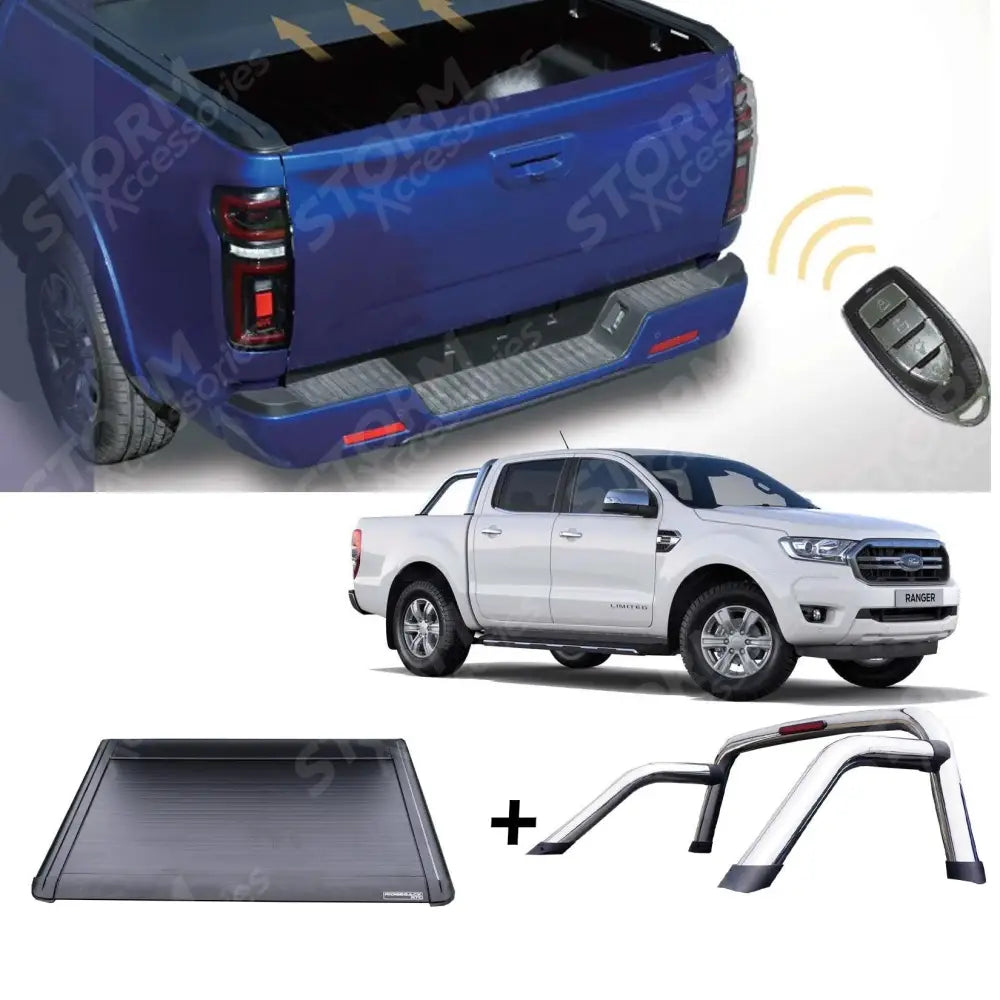 Ford Ranger 2012-2023 Standard Auto Electric Roll Top Cover & Chrome Roll Bar Package
