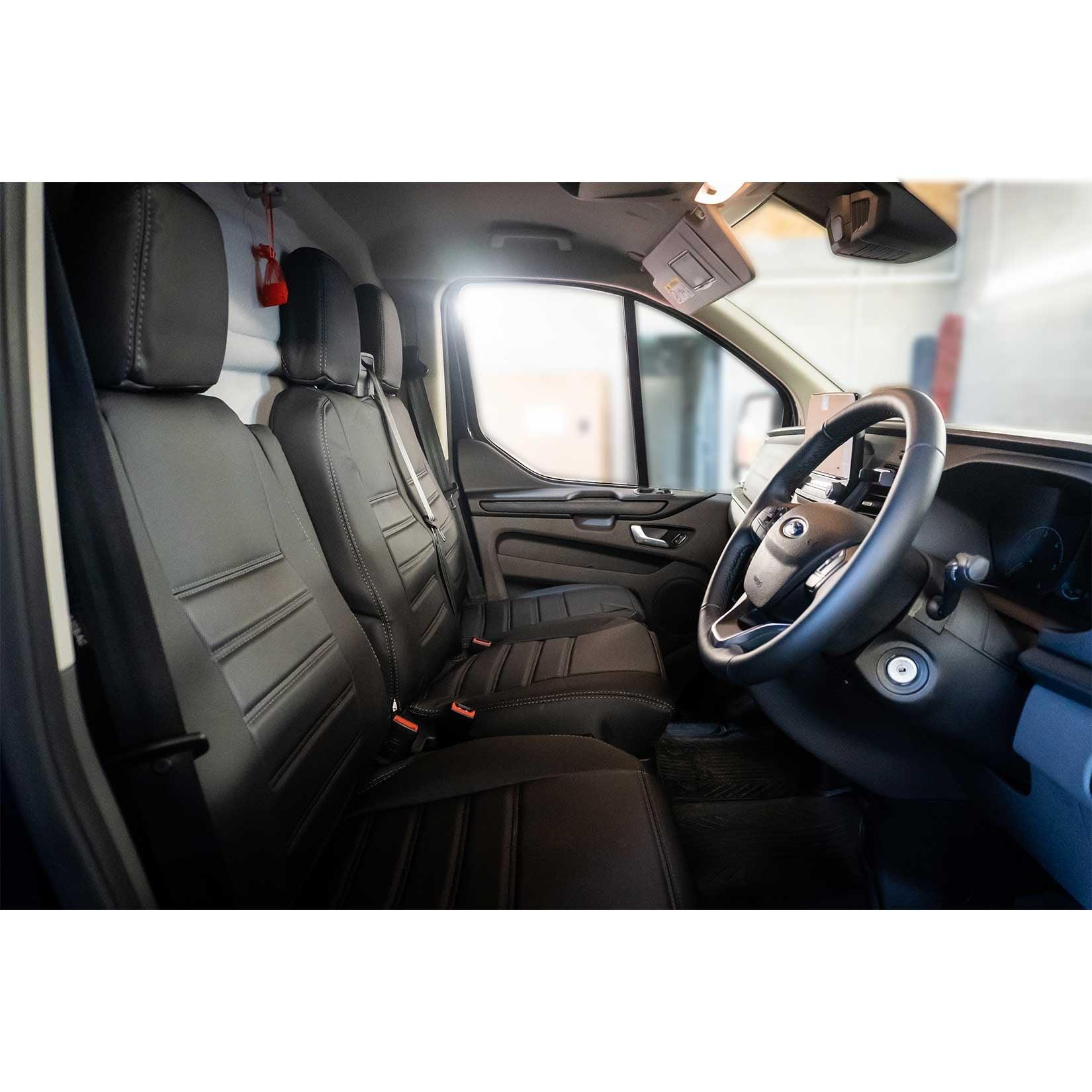 FORD TRANSIT CUSTOM 2012 ON FRONT DRIVER & DOUBLE PASSENGER SEAT COVERS - PU LEATHER IN BLACK - Storm Xccessories2