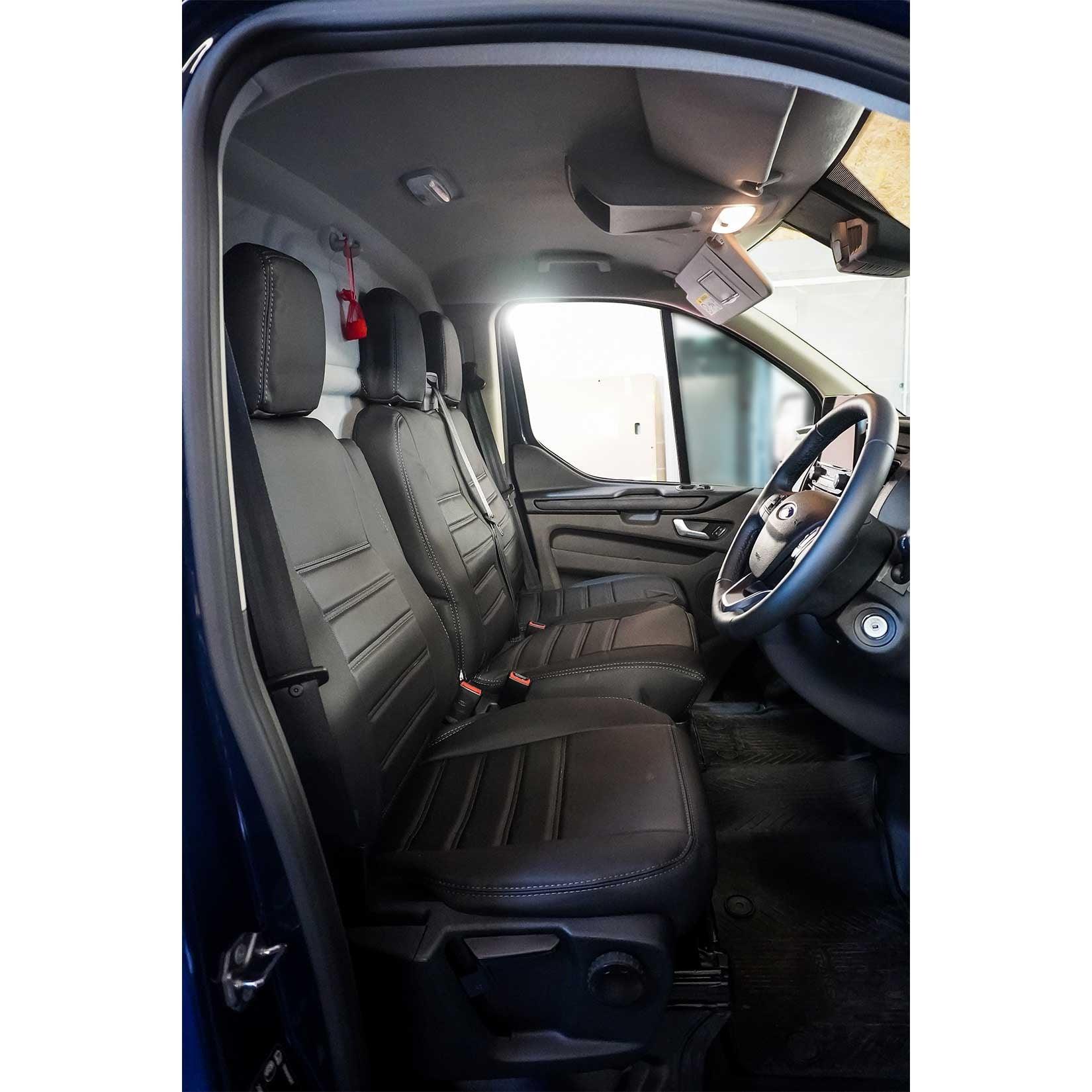 FORD TRANSIT CUSTOM 2012 ON FRONT DRIVER & DOUBLE PASSENGER SEAT COVERS - PU LEATHER IN BLACK - Storm Xccessories2