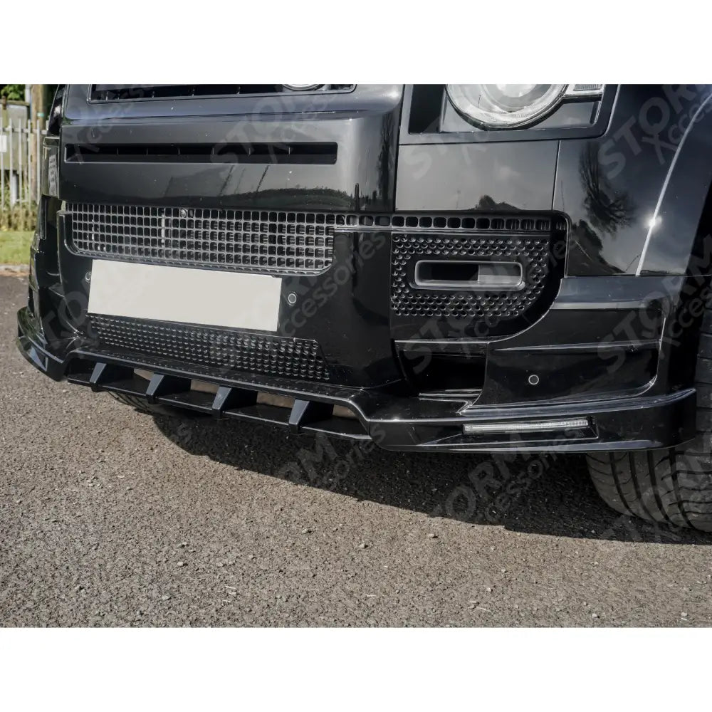 Land Rover Defender L663 2020 On - V2 Front Bumper Splitter With Led's In Gloss Black