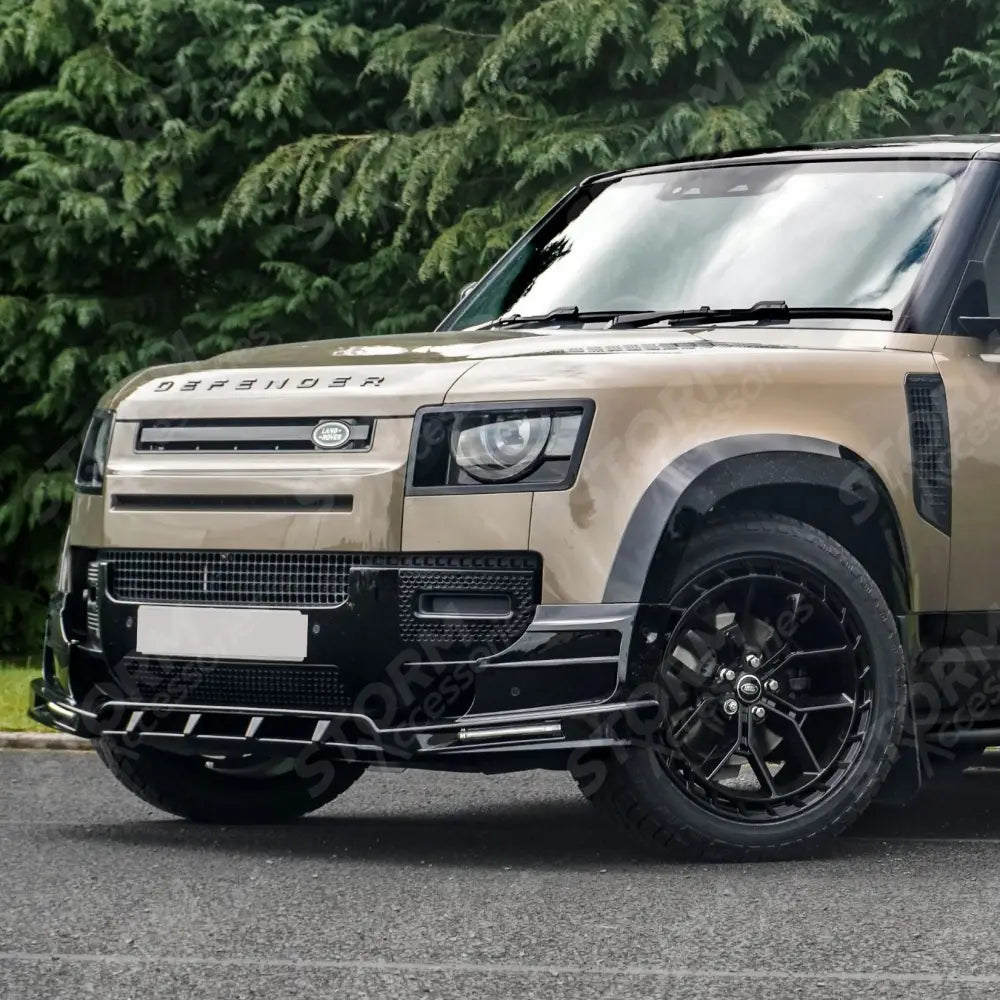 Land Rover Defender L663 2020 On - V2 Front Bumper Splitter With Led's In Gloss Black