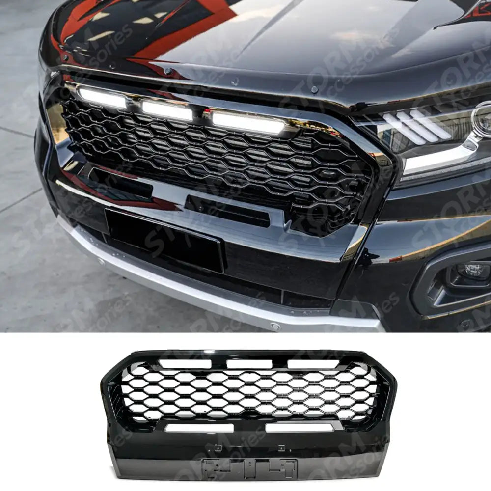 Ranger T6 2016-2019 Replacement Grill With LED'S In Gloss Black - Mesh Style