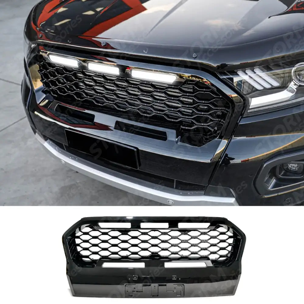 Replacement Grill With LED'S In Gloss Black - Mesh Style For Ranger T6 2016-2019