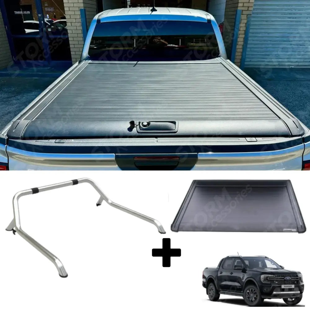 Standard Ridgeback Roll Top Cover And Ridgeback Roll Bar In Stainless Steel For Ford Ranger T9 2023 On Double Cab