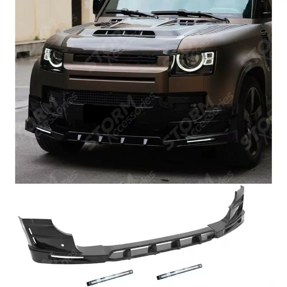 V2 Front Bumper Splitter With Led's In Gloss Black For Land Rover Defender L663 2020 On