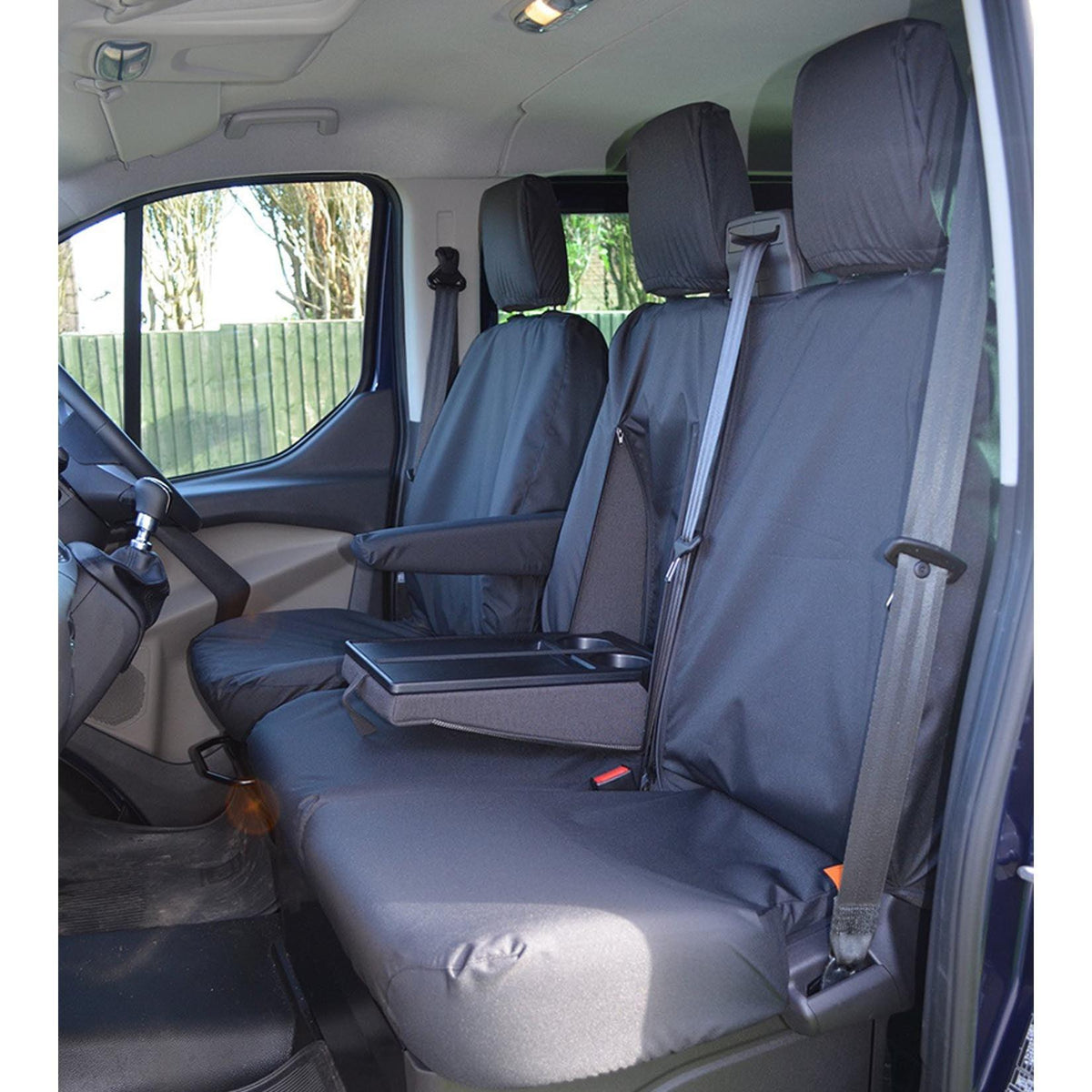 FORD TRANSIT CUSTOM 2013 ON - DRIVER AND FRONT DOUBLE PASSENGER SEAT COVERS - WORK TRAY - BLACK - Storm Xccessories2