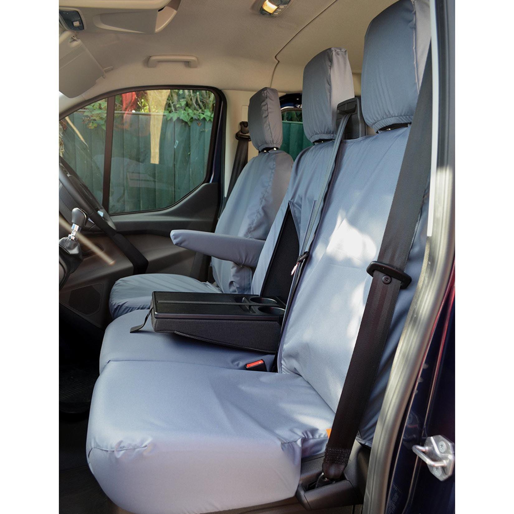 FORD TRANSIT CUSTOM 2013 ON - DRIVER AND FRONT DOUBLE PASSENGER SEAT COVERS - WORK TRAY - GREY - Storm Xccessories2