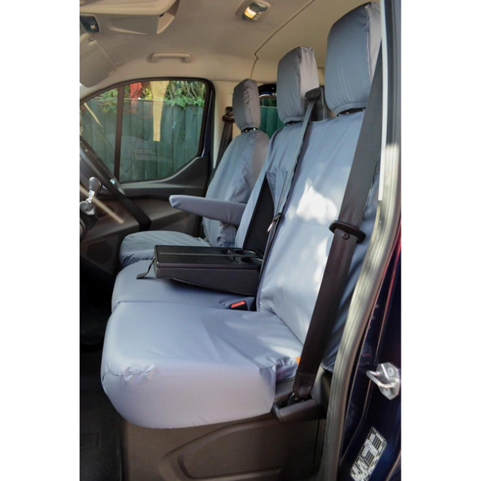 FORD TRANSIT VAN 2014 ON DRIVER AND DOUBLE PASSENGER SEAT COVERS (WITH WORKTRAY) - GREY - Storm Xccessories2