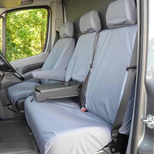 MERCEDES SPRINTER 2010-2018 DRIVER AND FRONT DOUBLE PASSENGER SEAT COVERS (WITH WORKTRAY) – GREY - Storm Xccessories2