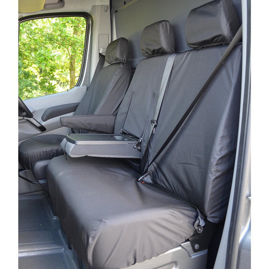 MERCEDES SPRINTER VAN 2010-2018 DRIVER AND FRONT DOUBLE PASSENGER SEAT COVERS (WITH WORKTRAY) – BLACK - Storm Xccessories2