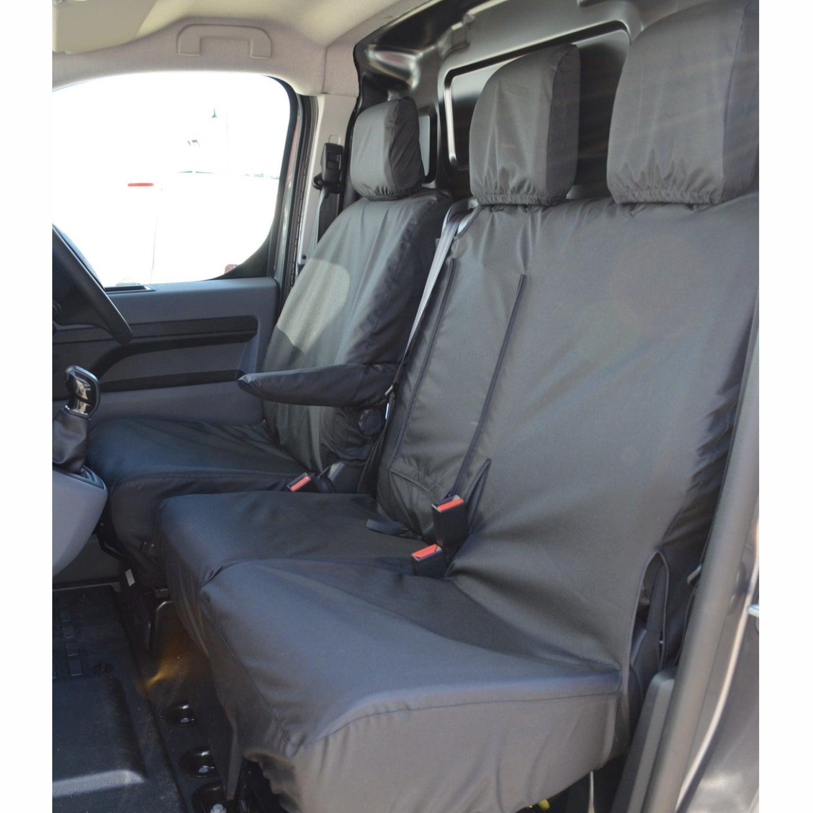 VAUXHALL VIVARO – 2019 ON – DRIVER DOUBLE PASSENGER SEAT COVERS – WITH WORKTRAY - BLACK - Storm Xccessories2