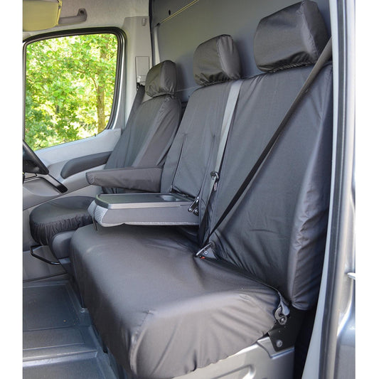 VOLKSWAGEN CRAFTER 2010-2017 DRIVER AND FRONT DOUBLE PASSENGER WITH WORKTRAY SEAT COVERS - BLACK - Storm Xccessories2