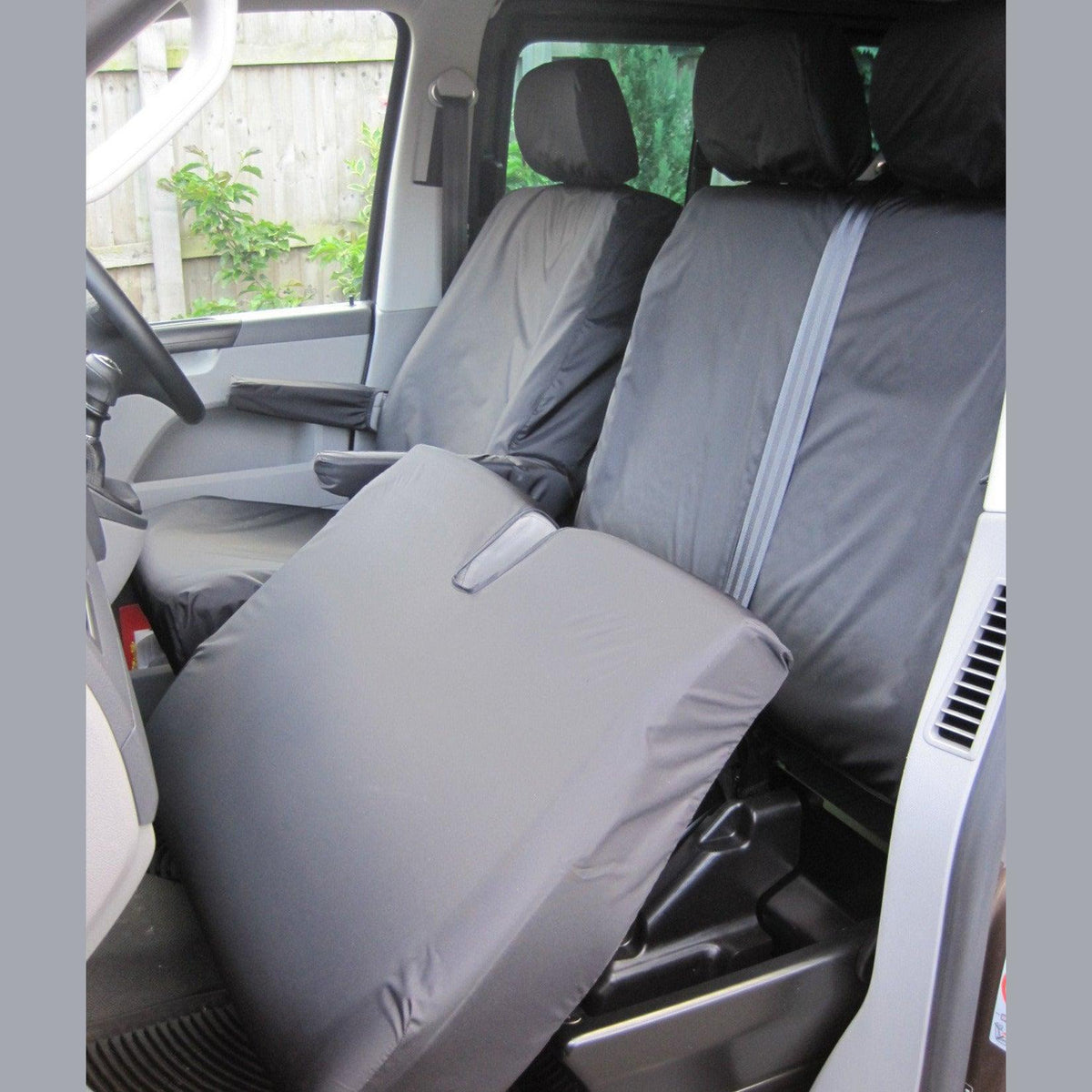VW TRANSPORTER T5 T6 2010 ON - DRIVER AND FRONT DOUBLE PASSENGER SEAT COVERS – BLACK - Storm Xccessories2